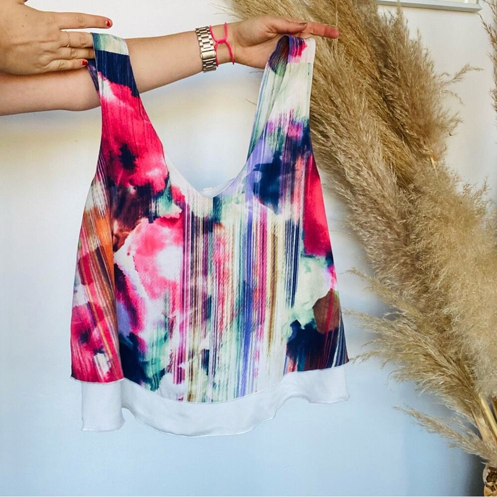 TYCHE NORDSTROM White Rainbow Striped Print Ruffle Layer Tank Top Swing Blouse M - Picture 3 of 7